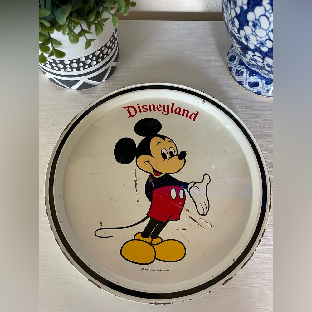 Vintage Mickey Mouse Round Tin Tray 10 3/4" Disneyland Walt Disney Productions
